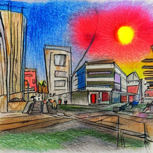 pintura atardecer ciudad vacía, Cartoon, Pencil Sketch, Water Color, Cartoon