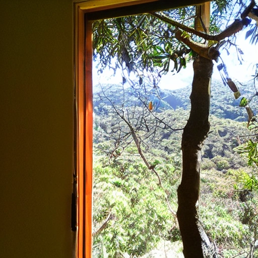 habitación, ventana, montaña, laguna, pájaros, arboles, atardecer