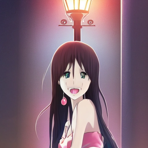 pretty girl face, long black hair, tall skinny full body, standing under lamppost, detailed, Anime, Glamor Shot, Beautiful Lighting