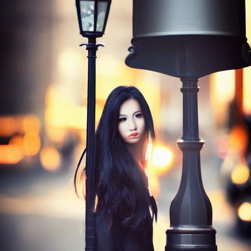 pretty girl face, long black hair, tall skinny full body, standing under lamppost, detailed, Glamor Shot, Beautiful Lighting