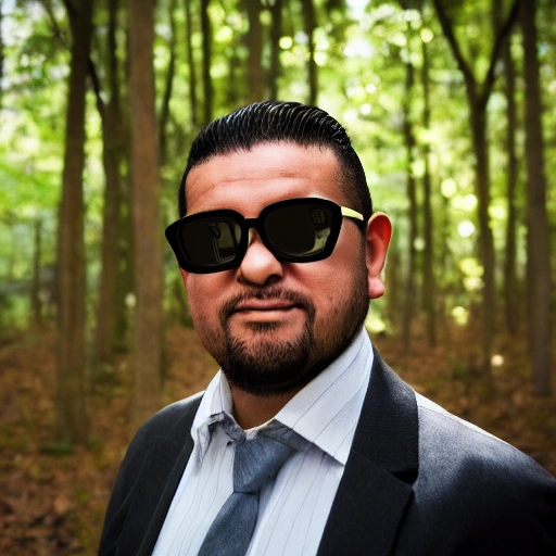 professional portrait photograph of a luis limas in forest with sun glasses, photograph