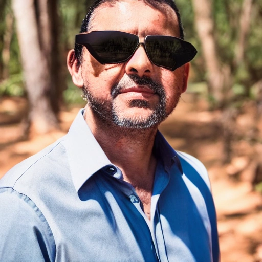 professional portrait photograph of a luis alfonso limas in forest with sun glasses, photograph