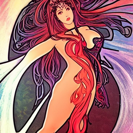 /imagine prompt: night witch with full body, full cleavage, lingerie:: anatomical drawing::5 lava glow::1 DSLR::1 alphonse mucha::1 neon red color::1 red::1 vermillion::1 magma::1 defocus::-0.5 --v 4 --quality 2 --no bad anatomical shapes, disfigured