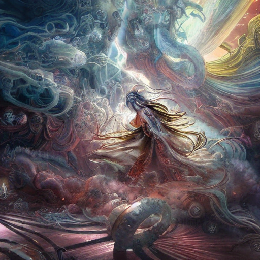 Award-winning, 4K digital painting in the style of Yoshitaka Amano. Detailed and intricate depiction of a vision of the living beings of the prophet ezekiel, masterfully capturing the chaos and drama of the scene. Beautiful lighting and cinematic composition make this piece a true masterpiece, trending on artstation