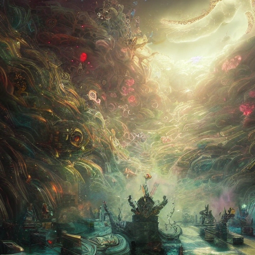 Award-winning, 4K digital painting in the style of Yoshitaka Amano. Detailed and intricate depiction of the vision of living creatures (Ezekiel 1), masterfully capturing the chaos and drama of the scene. Beautiful lighting and cinematic composition make this piece a true masterpiece, trending on artstation