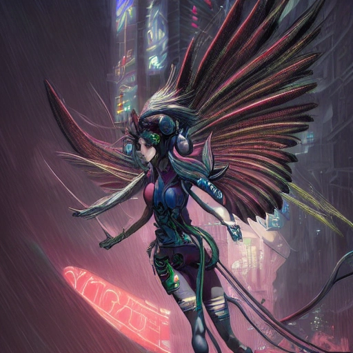 Award-winning, 4K digital painting in the style of Yoshitaka Amano. Detailed and intricate depiction of cyberpunk angel
, masterfully capturing the chaos and drama of the scene. Beautiful lighting and cinematic composition make this piece a true masterpiece, trending on artstation