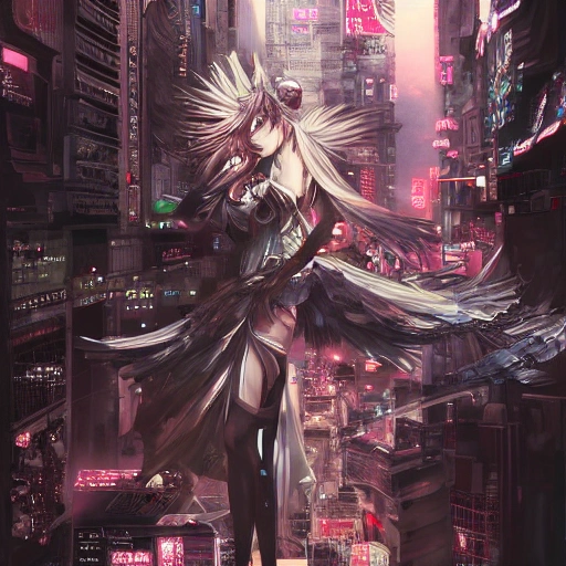 Award-winning, 4K digital painting in the style of Yoshitaka Amano. Detailed and intricate depiction of angel cyberpunk, masterfully capturing the chaos and drama of the scene. Beautiful lighting and cinematic composition make this piece a true masterpiece, trending on artstation