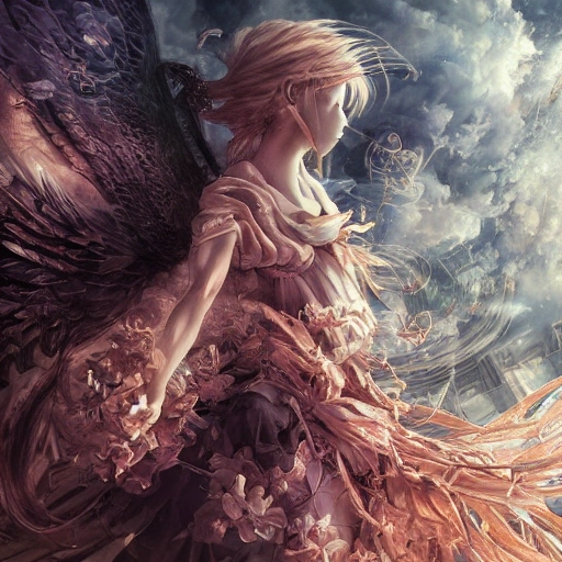 Award-winning, 4K digital painting in the style of Yoshitaka Amano. Detailed and intricate depiction of angel, masterfully capturing the chaos and drama of the scene. Beautiful lighting and cinematic composition make this piece a true masterpiece, trending on artstation