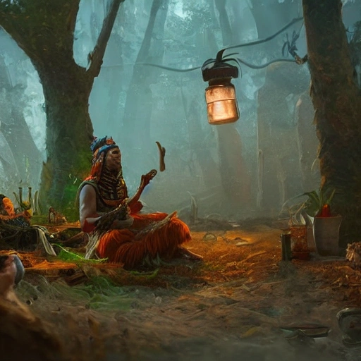 a modern shaman who uses and cleaning products to take care of his community, high level of detail, bright, Beautiful lighting and cinematic composition make this piece a true masterpiece, trending on artstation

