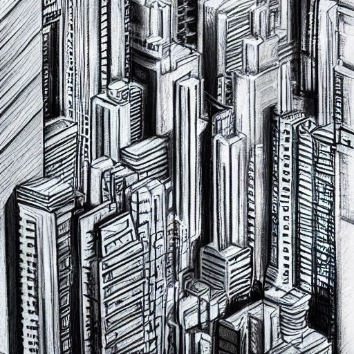 neon city, 3D, Pencil Sketch