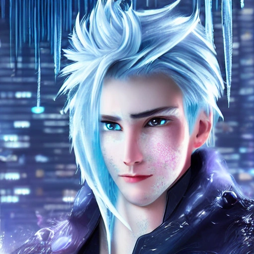 gamer men with frozen hair with ice, detailed face , cyberpunk city, 