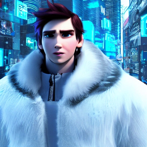 gamer men with frozen hair with ice, detailed face , cyberpunk city, 