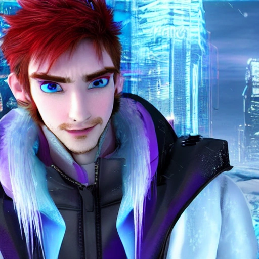 gamer men with frozen hair with ice, detailed face , cyberpunk city, 