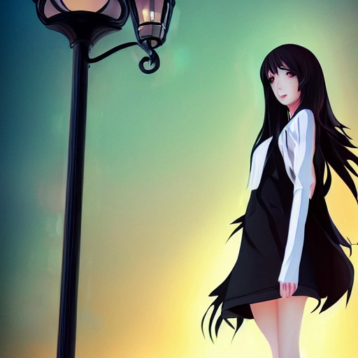pretty girl face, long black hair, tall skinny full body, standing under lamppost, detailed, Anime, Glamor Shot, Beautiful Lighting, Artstation --ar 1:2