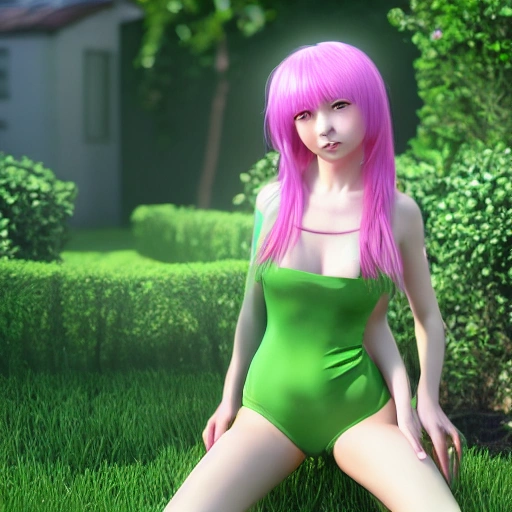 one young girl in the garden, anime, detail, with hair colour pink, bodysuit green, high resolution, 8k, 3D