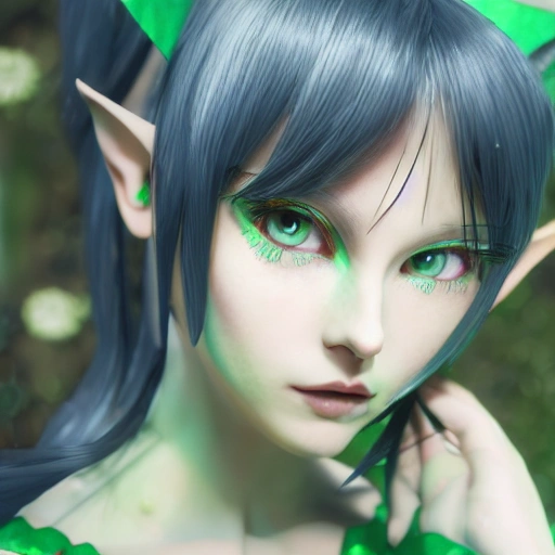 redshift style, one young girl in the garden, expressive look, anime, simetric face, cute, elf ears, detail, black hair, dress green, high resolution, 8k, 3D, face detail, eyes brown, based in cyberpunk, highest quality, intricate skin texture, 