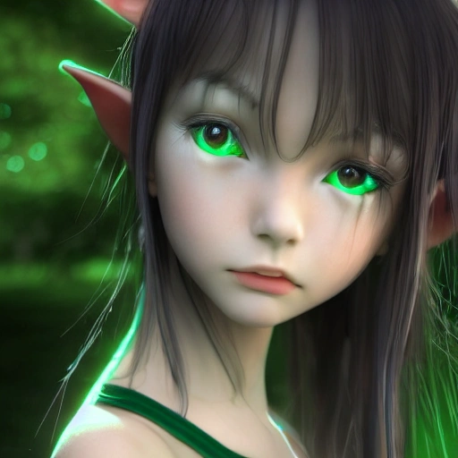 redshift style, one young girl in the garden, expressive look, anime, simetric face, cute, elf ears, detail, black hair, dress green, high resolution, 8k, 3D, face detail, eyes brown, based in evangelion, highest quality, intricate skin texture, 