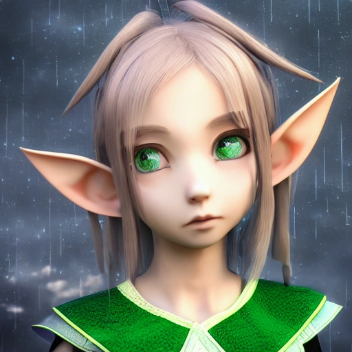 redshift style, one young girl in the garden, expressive look, anime, simetric face, cute, elf ears, detail, black hair, dress green, high resolution, 8k, 3D, face detail, eyes brown, highest quality, intricate skin texture, 