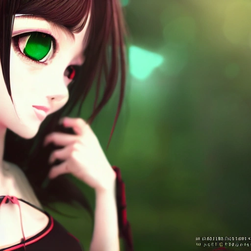 redshift style, one young girl in the garden, expressive look, anime, simetric face, cute, elf ears, detail, black hair, dress green, high resolution, 8k, 3D, face detail, eyes brown, highest quality, intricate skin texture, cyberpunk