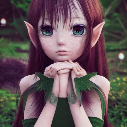 redshift style, one young girl in the garden, expressive look, anime, simetric face, cute, elf ears, detail, black hair, dress green, high resolution, 8k, 3D, face detail, eyes brown, highest quality, intricate skin texture, over the garden wall