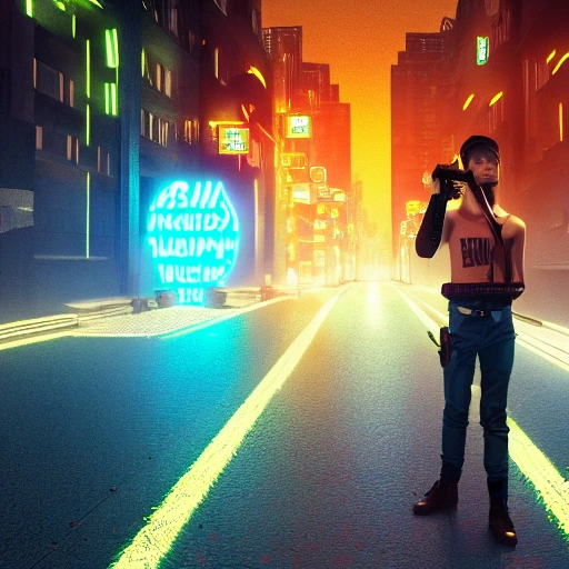 boy with gun futuristic, alley, neon city, spotlight, realistic, high quality, detailed, neon ligths, hyperrealistic, render, rain, futuristic

