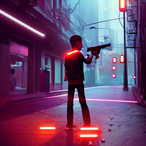 human boy with gun futuristic, alley, neon city, spotlight, realistic, high quality, detailed, neon ligths, , render, rain, futuristic, 1.8, 1:8, 4k, 8k, detailed street, detailed, octane render 


