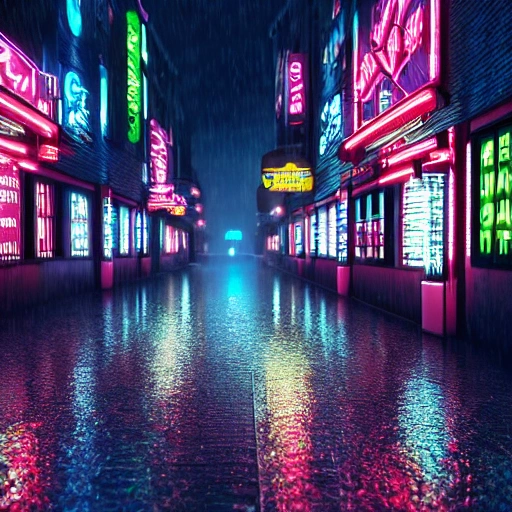 alley, neon city, spotlight, realistic, high quality, detailed, neon ligths, , render, rain, futuristic, 1.8, 1:8, 4k, 8k, detailed street, detailed, octane render, neon signs, night, raining, ray traicing, oxxo, 3D, méxico