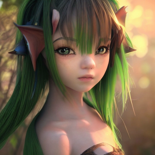 redshift style, one young girl in the garden, expressive look, anime, simetric face, cute, elf ears, detail, black hair, dress green, high resolution, 8k, 3D, face detail, eyes brown, based in cyberpunk, highest quality, intricate skin texture,