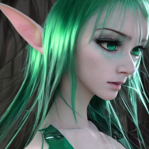redshift style, one young girl in the garden, expressive look, anime, simetric face, cute, elf ears, detail, black hair, dress green, high resolution, 8k, 3D, face detail, eyes brown, based in cyberpunk, highest quality, intricate skin texture,