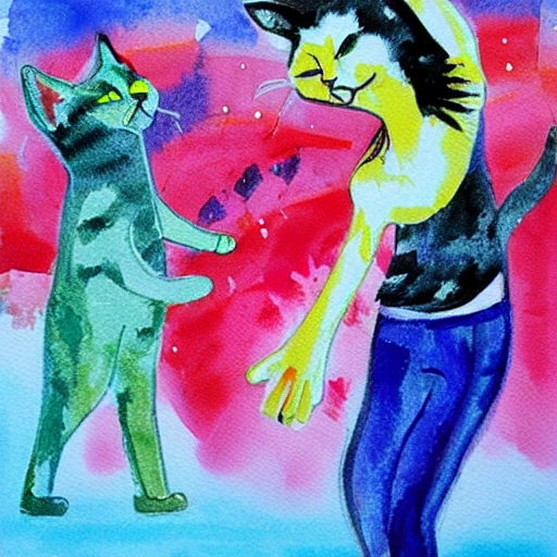 Cat dancing at a disco, Water Color