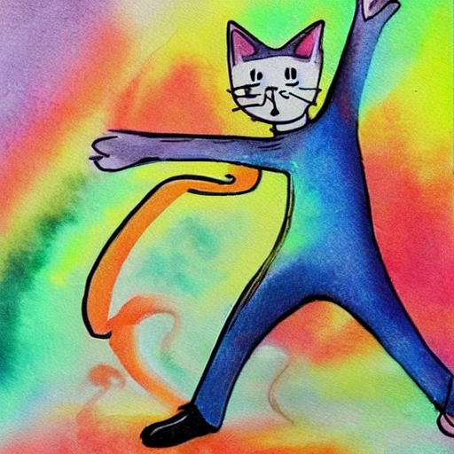 Cat dancing at a disco, dizzy, Water Color, Trippy