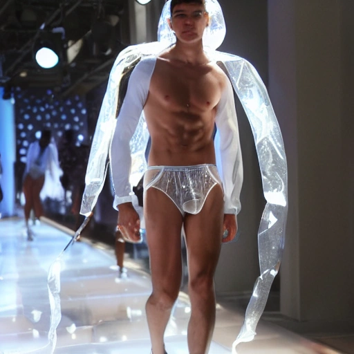 a beautiful male victoria's secret collegeboy wearing clear PVC clothing, standing