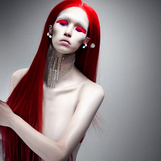 fashion editorial, futuristic, Iris Van Harpen, red long hair models, white skin, big crystal earings, mode, haute couture, pure, dentelles, hd, 8k, --ar 2:3  --upbeta --v 4