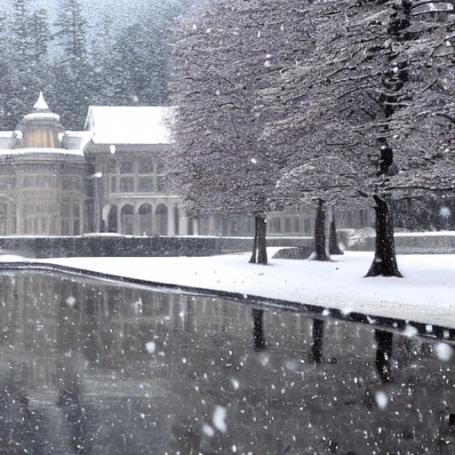 a metallic palace，The snow was white，It was bleak and cold，Sense of epic，