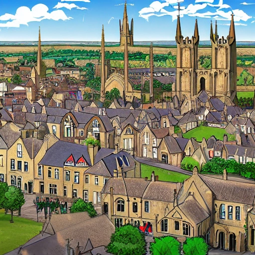 cartoon painting of stamford in lincolnshire UK. 4k detailed post processing, unreal engineered, Cartoon