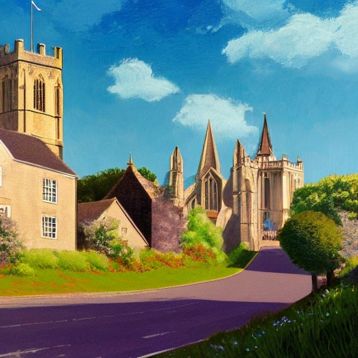 Simplistic retro travel style painting of st mary's hill in
Stamford in Lincolnshire UK. rendered in enscape, miyazaki, 4k detailed post processing, unreal engineered,