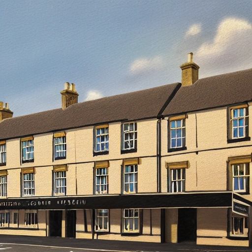 Simplistic retro travel style painting of the george hotel in
Stamford in Lincolnshire UK. rendered in enscape, miyazaki, 4k detailed post processing, unreal engineered,