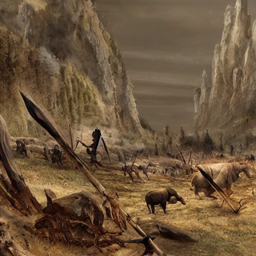 /Imagine Prompt: Neanderthal hunt, forest, spears, mammoth, fire, rocks, Matte Painting.
