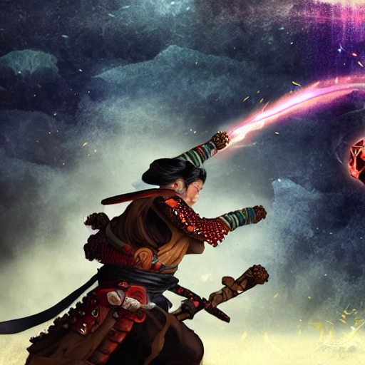 A sorcerer who casts gravity spells, with a Japanese samurai-like style and a mystical background. 