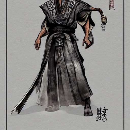 A sorcerer who casts gravity spells, as if he were a samurai and a mystical background of a gray dragon.

Realistic style.