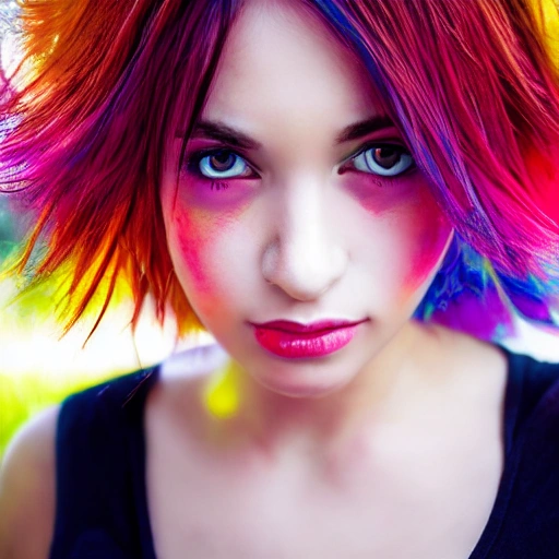 retrato de chica con ojos claros, Anime, cabello multicolor, Beutiful lighting, alto contraste, glamor shot
