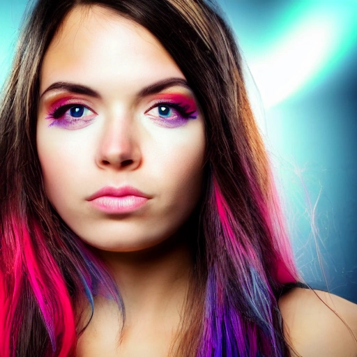 retrato de chica con ojos claros,  cabello multicolor, Beutiful lighting, alto contraste, glamor shot
