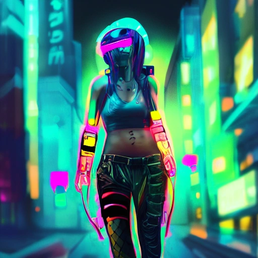 1 chica cyberpunk, cara detallada, foco, ciudad cyberpunk, multicolor, alto contraste, hiperrealista, fotográfico, 4k, luz ambiental épica, Anime

