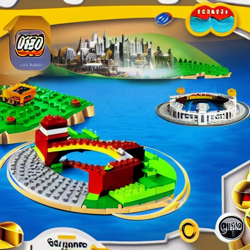 Lego island Circle 3D logo design of opera hall with city of the future and robotsin the left side, cinematic like Game of Thrones, free space in the right side