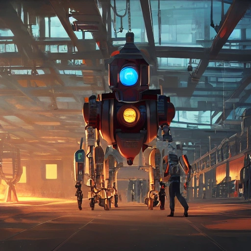 Robot construction factory, Cartoon, d&d, glamour shot, cinematic composition, by popular artists greg rutkowski and jason felix, trending on artstation, masterpiece, 8k, realistic face, realistic eyes, highest quality, realistic hands