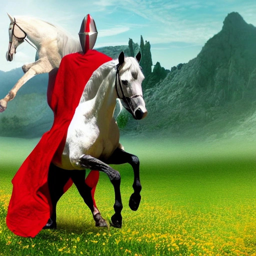 a robtic knight wear a red scape ridding a white horse in A realistic beautiful natural landscape