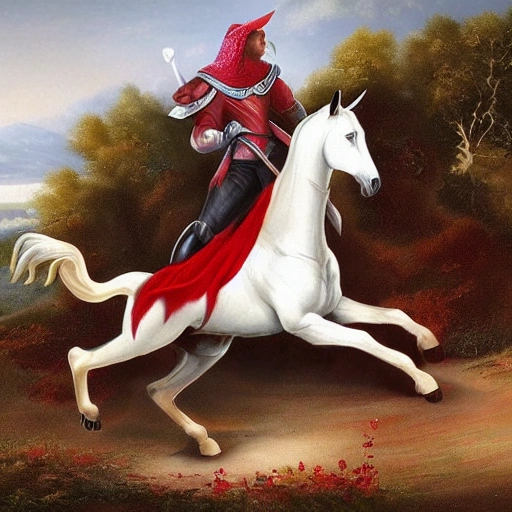 a robtic knight wear a red scape ridding a white horse in A realistic beautiful natural landscape, Pencil Sketch