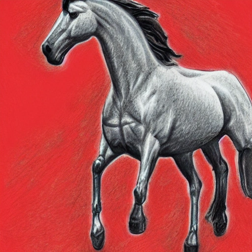 a robtic knight wear a red scape ridding a white horse in A realistic beautiful natural landscape, Pencil Sketch, Trippy