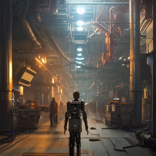 Authentic illustration of a Robotic manufactory, cyberpunk, d&d, glamour shot, cinematic composition, highly detailed, realstic, by popular artists greg rutkowski and jason felix, trending on artstation, masterpiece, 8k, realistic face, realistic eyes, highest quality, realistic hands