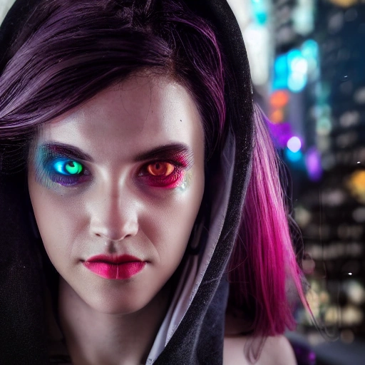 side close up portrait of 1 cyberpunk girl, cyberpunk city, wired, photografic, 8k, epic ambient light